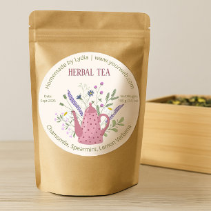 Blommigt Tekanna Herbal Tea Label Runt Klistermärke