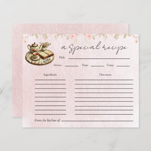 Blommigt Tekanna Möhippa Tea Party Recept Card (Fram/baksida)