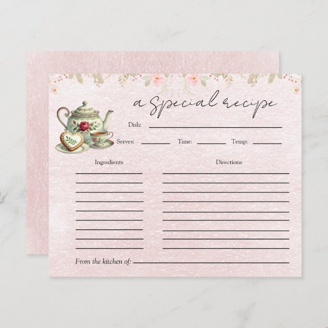 Blommigt Tekanna Möhippa Tea Party Recept Card (Fram/baksida)