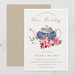 Blommigt Tekanna Red Blue Helgdag Tea Party Inbjud Tack Kort