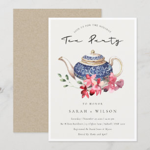 Blommigt Tekanna Red Blue Helgdag Tea Party Inbjud Tack Kort
