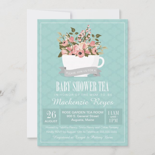 Blommigt Tekopp Baby Shower Tea-inbjudan Inbjudningar (Framsida)