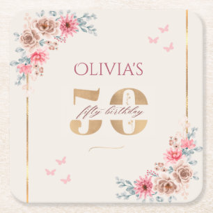 Blommigt Tema 50:e födelsedagen Underlägg Papper Kvadrat