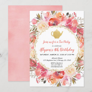 Blommigt Teparty-inbjudan Coral rosa grönt Inbjudningar