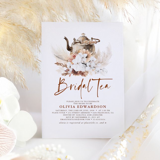 Blommigt Terracotta Boho Möhippa Tea Party Inbjudningar (Boho Bridal Shower Invitations for Tea Party)