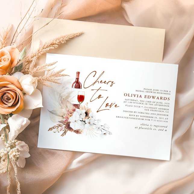 Blommigt Terracotta Boho Vin Tasting Möhippa Inbjudningar (Cheers To Love Wine Tasting Bridal Shower Invitations in Boho Style)