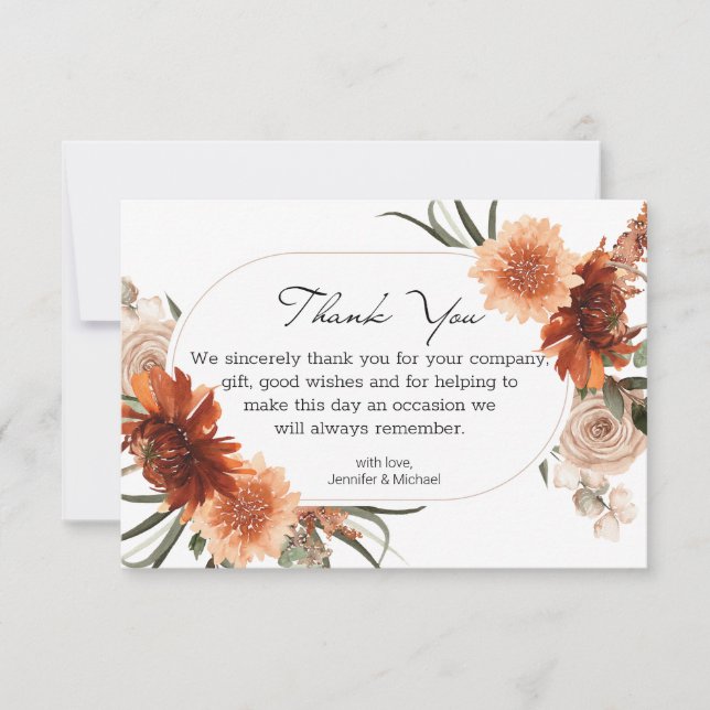 blommigt terracotta bröllop modern tack kort (Framsida)