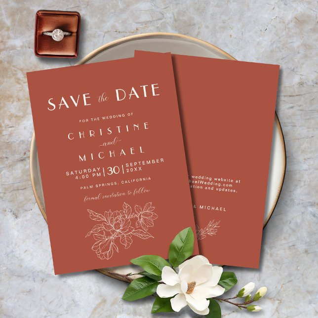 Blommigt Terracotta Elegant bröllop BOHO Spara Datumet (Floral Terracotta Elegant Wedding BOHO Save the Date Invitation with Magnolia Flowers, Website.)