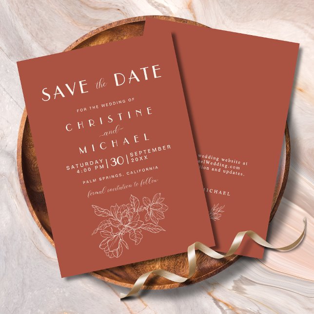 Blommigt Terracotta Elegant bröllop Spara Datumet (Elegant Floral Terracotta Wedding Save the Date Invitation with Magnolia Flower, Wedding Website.)