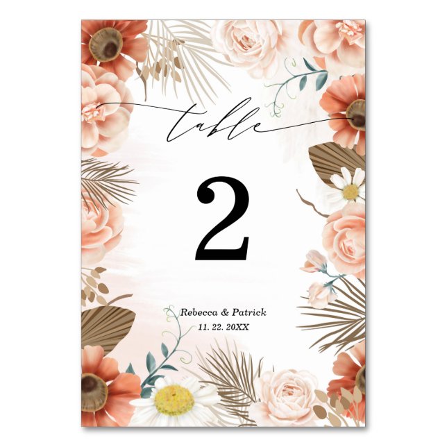Blommigt Terracotta Rustic Boho Bröllop Bordsnumme Bordsnummer (Framsidan)
