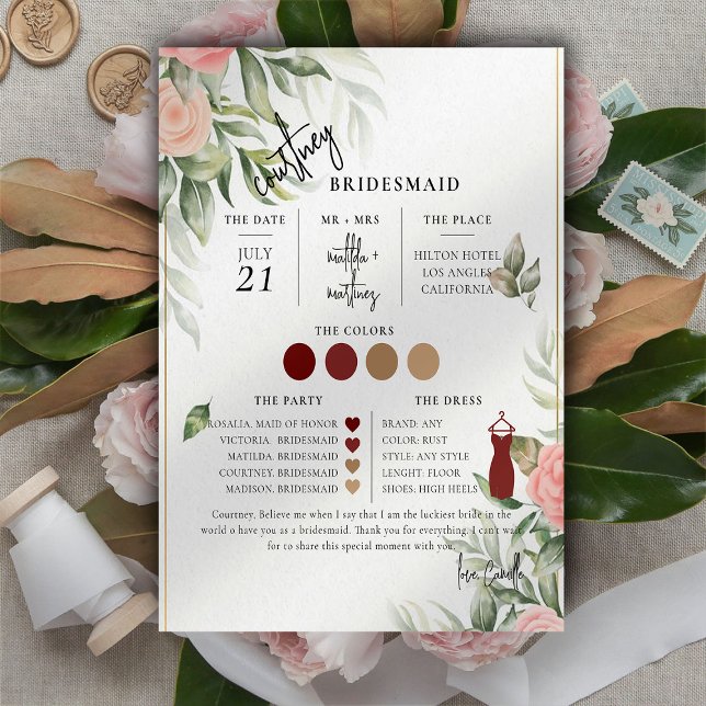 Blommigt Text Script Bridesmaid Info Card (Skapare uppladdad)
