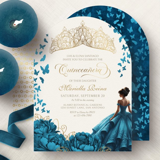 Blommigt Tiara Krona Teal Quinceanera Inbjudningar (Skapare uppladdad)