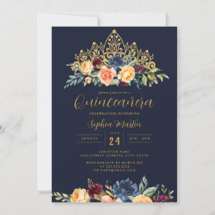 Blommigt Tiara Navy Burgundy Quinceanera Inbjudningar