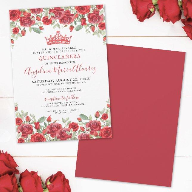 Blommigt Tiara Red Quinceanera-inbjudan Inbjudningar (Elegant Red Roses Floral Quinceanera Invitation)