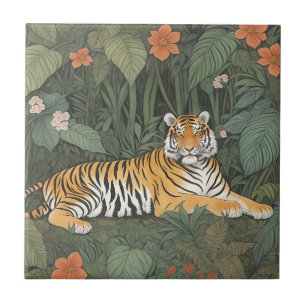 Blommigt Tiger i Grönt Jungle Kakelplatta