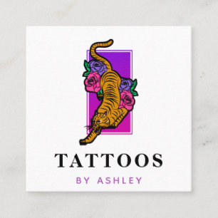 Blommigt Tiger Japansk Illustration Tattoo Artist Fyrkantigt Visitkort