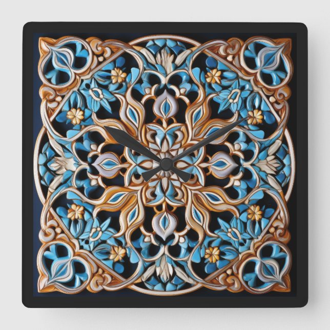 Blommigt Tile Mönster Faux Ceramic Fyrkantig Klocka (Framsida)
