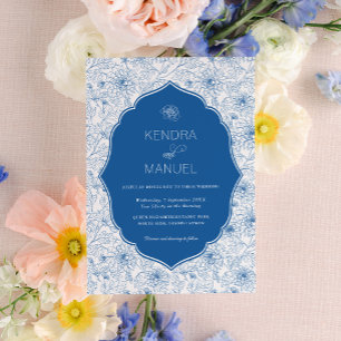 Blommigt Toile Finare Fransk Blue Bröllop Inbjudningar