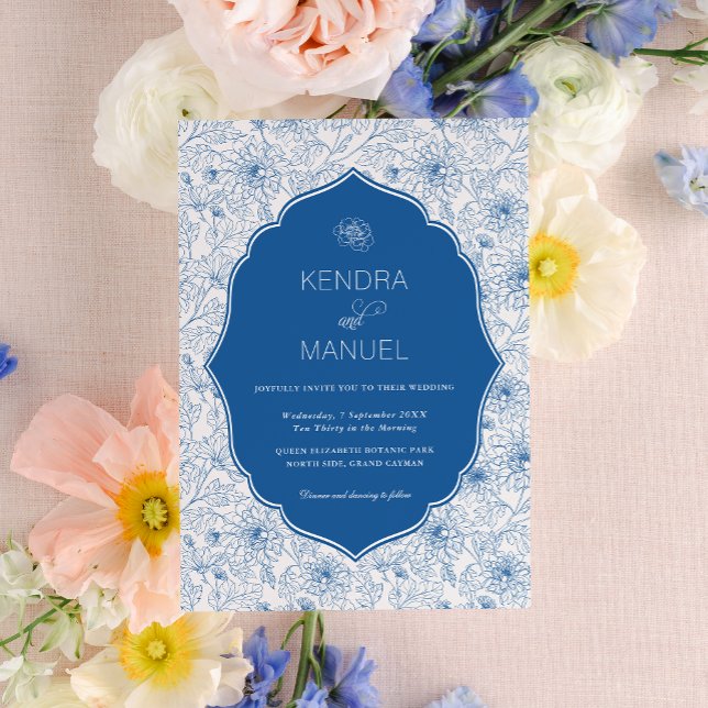 Blommigt Toile Finare Fransk Blue Bröllop Inbjudningar (Skapare uppladdad)