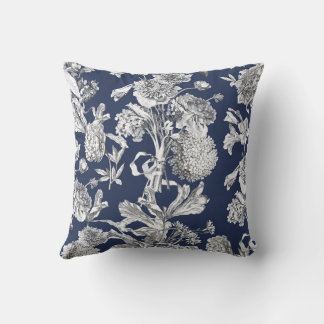 Blommigt Toile, vit på marinbakgrunden Kudde