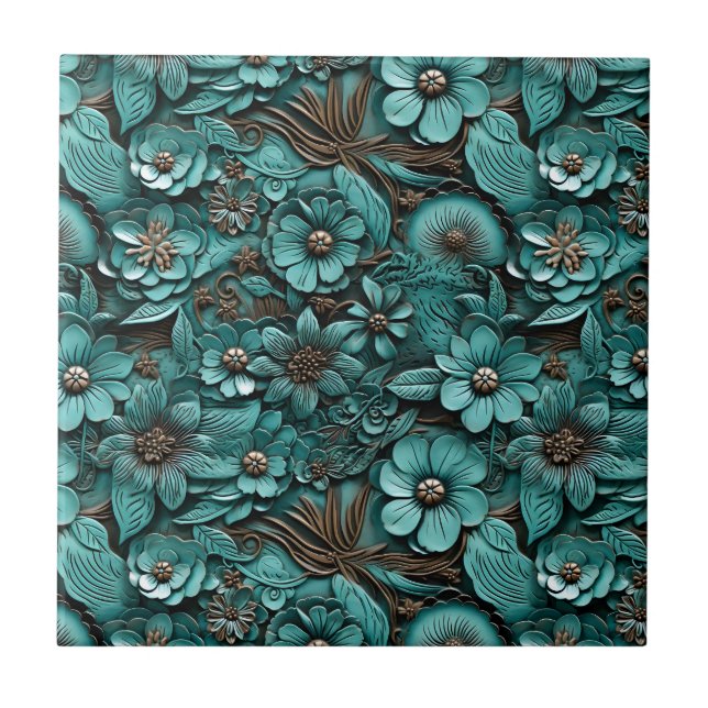 Blommigt Tooled Leather Tile Kakelplatta (Framsidan)
