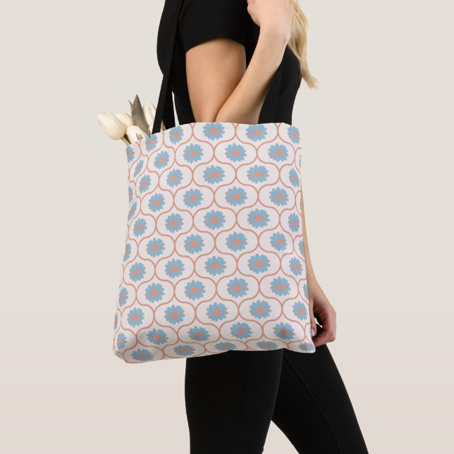 Blommigt Tote Bag - Himmel Blue & Peach Sunblommor Tygkasse (Närbild)
