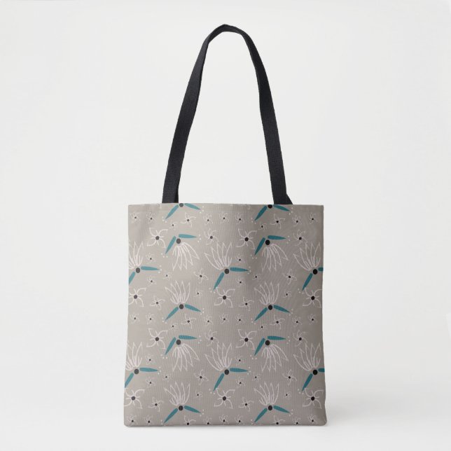 Blommigt Tote Bag - Teal & Beige on Sunwash Taupe Tygkasse (Framsida)