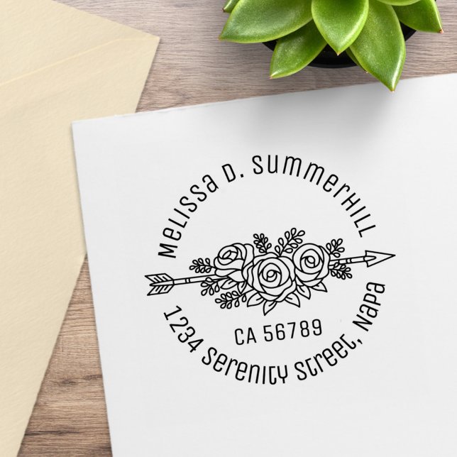 Blommigt Tribal Arrow, Ro Flowers Round Adress Stämpel (Skapare uppladdad)