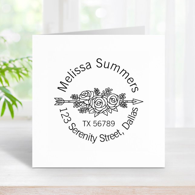 Blommigt Tribal Arrow, Ro Flowers Round Adress Stämpel (Skapare uppladdad)