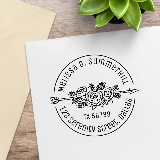 Blommigt Tribal Arrow Ro Flowers Round Adress V2b Stämpel (Skapare uppladdad)