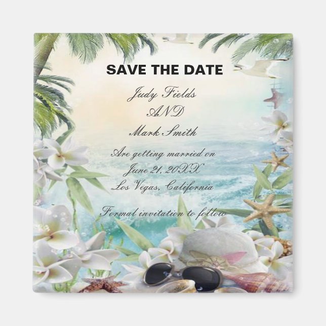 Blommigt Tropical Beach Wedding Datum för sparande Magnet (Framsidan)