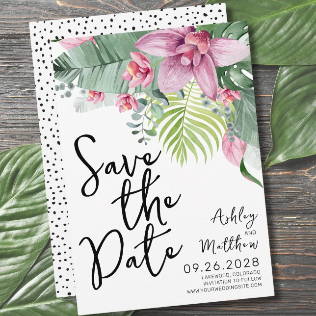 Blommigt Tropical Beach Wedding Spara Datumet (Chic Modern Floral Watercolor Tropical Wedding Save The Date)