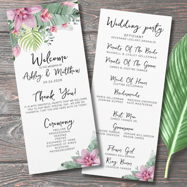 Blommigt Tropical Bröllop Ceremony Program (Chic Floral Palm Tropical Elegant Wedding Ceremony Program)
