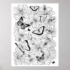 Blommigt Tropical Hibiscus och Butterflies Colorin Poster