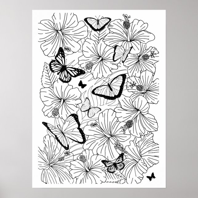 Blommigt Tropical Hibiscus och Butterflies Colorin Poster (Framsidan)
