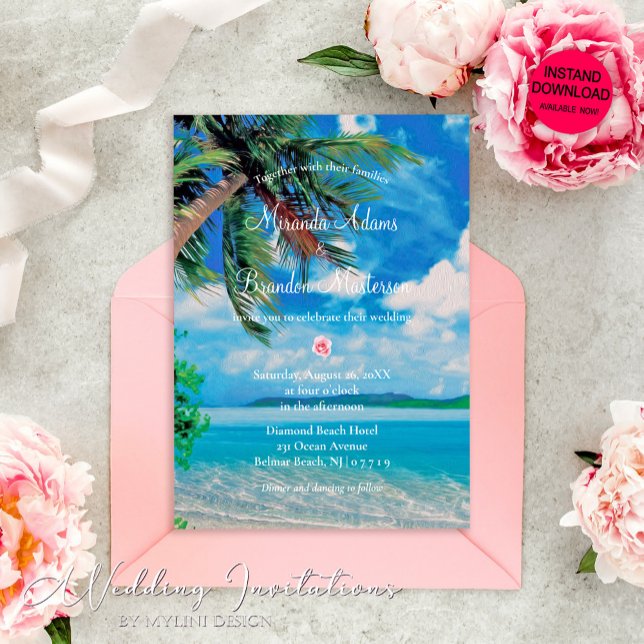Blommigt Tropical Summer Handflatan Beach Wedding Inbjudningar (Skapare uppladdad)