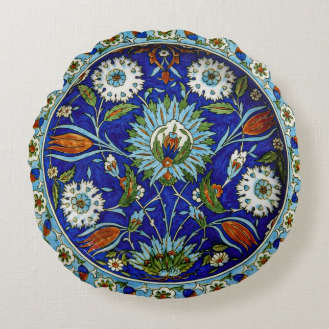 Blommigt Tulip Motif Iznik Turkisk Mönster Rund Kudde (Framsidan)