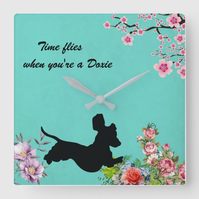 Blommigt Turcos Dachshund Silhouette Wall Clock Fyrkantig Klocka (Framsida)