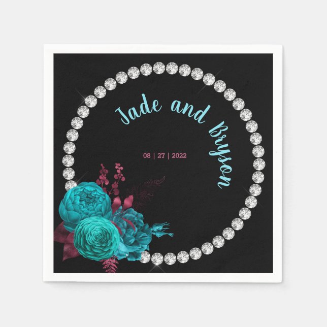 Blommigt Turquise och Mauve Elegant Rhinestone Pappersservett (Framsidan)