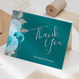 Blommigt Turquise Silver Bröllop Tack Kort