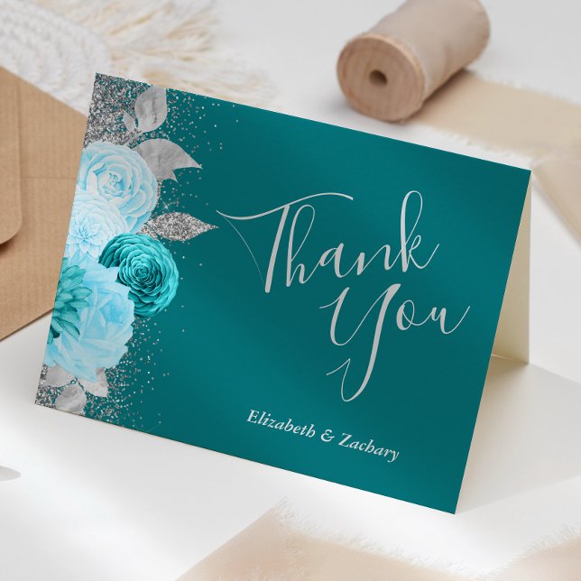 Blommigt Turquise Silver Bröllop Tack Kort (Skapare uppladdad)