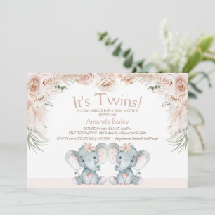 Blommigt Tvillin Elephants Baby Shower Inbjudningar