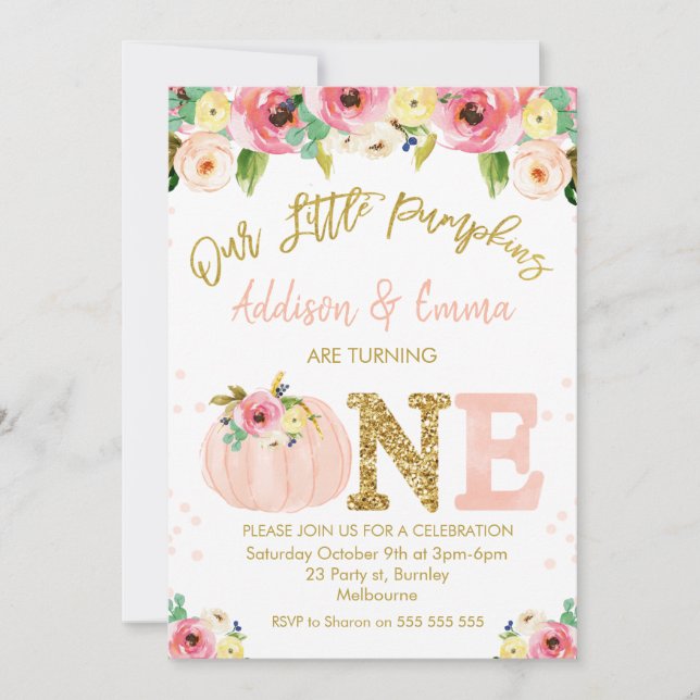  Blommigt Twillingar vår lilla pumpkin Birthday Inbjudningar (Framsida)