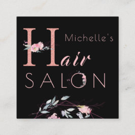 Blommigt-typografi glitter-rosa svart hårsalong fyrkantigt visitkort