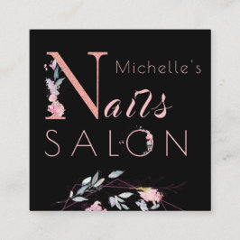 Blommigt-typografi glitter-rosa svart nagel salon fyrkantigt visitkort
