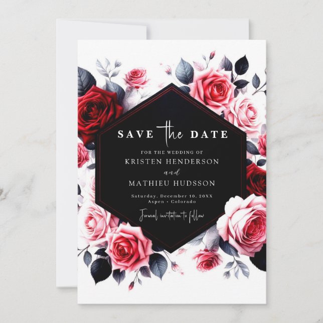 Blommigt Typography Crimson Red Bröllop Spara Datumet (Framsida)