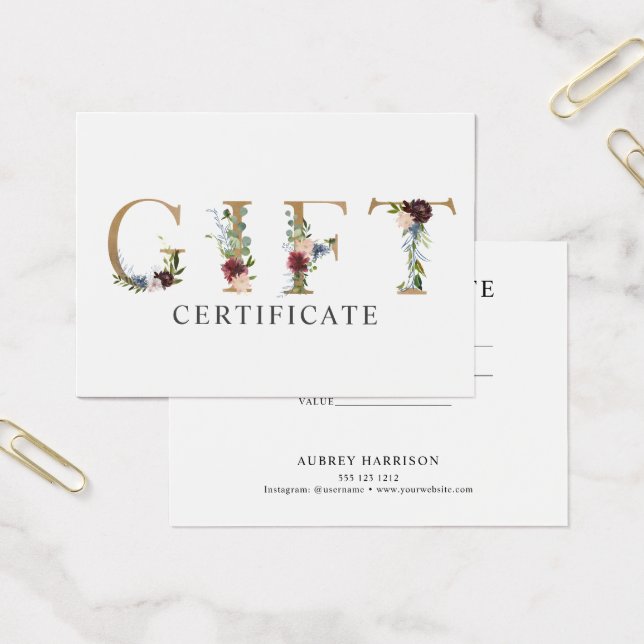 Blommigt Typography Gift Certificate Visitkort (Kontor)