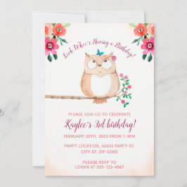 Blommigt Uggla Barns födelsedag Inbjudningar