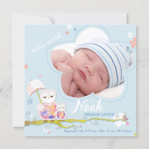 Blommigt Uggla Blue Pojke Photo Birth Meddelande