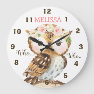 Blommigt Uggla Nursery Wall Clock Stor Klocka